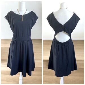Claudie Pierlot- Vintage-Inspired Navy Fit & Flare Dress with Button Shoulder